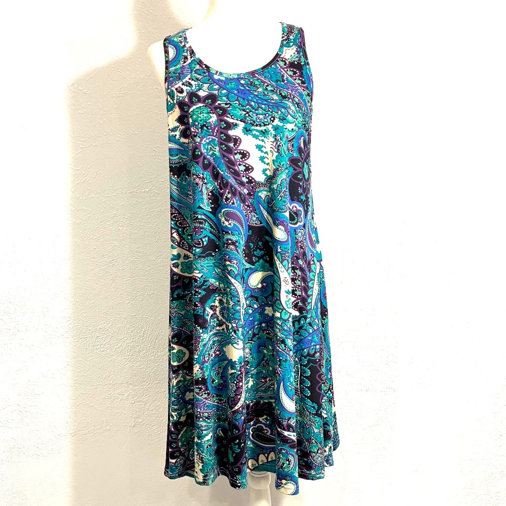 Sleeveless Knit Dress, Rich Purple/Blue/Aqua Paisley Print, Size M